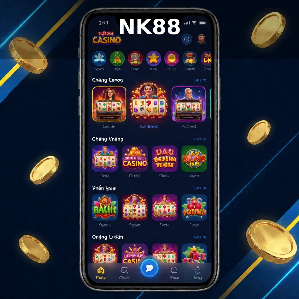 Hình ảnh ứng dụng NK88 trên điện thoại thông minh hiển thị các danh mục trò chơi và nút nạp rút tiện lợi